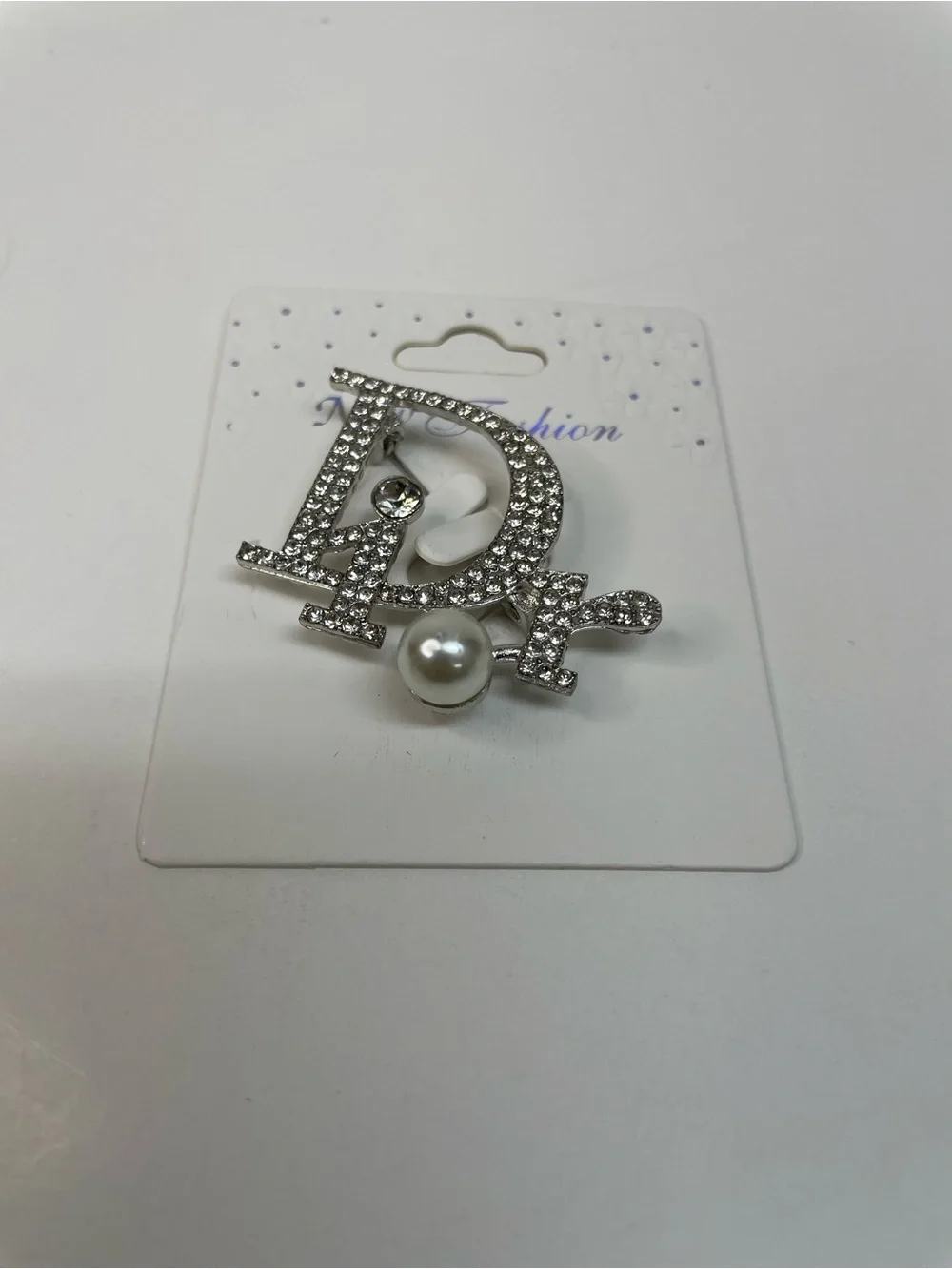 Fashion Silver-Tone Crystal 'D' Brooch with Pearl Accent